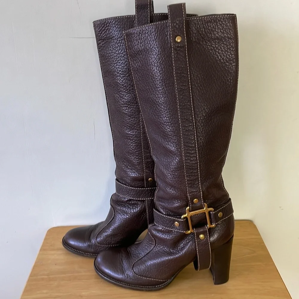 🇮🇹 Dolce & Gabbana Chocolate Brown Pebbled Leather High Riding Boots, Size 41 - Picture 2 of 16